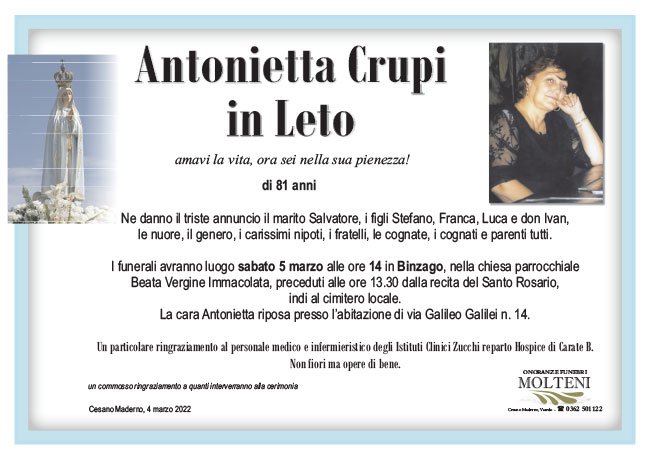 ANTONIETTA CRUPI in LETO di anni 81