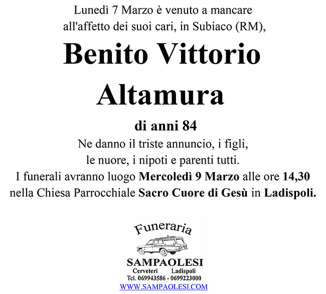 BENITO VITTORIO ALTAMURA di anni 84