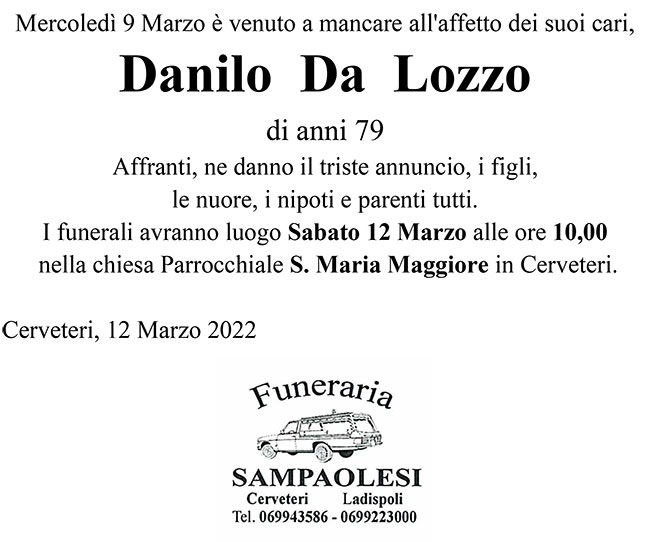 DANILO DA LOZZO di anni 79