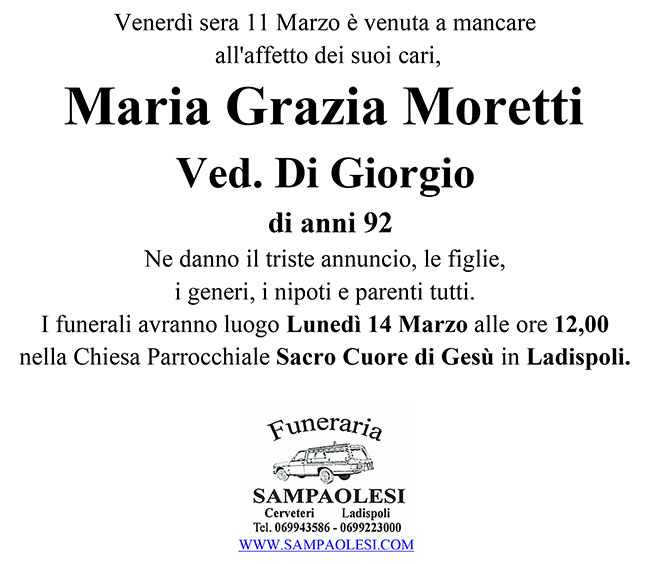 MARIA GRAZIA MORETTI ved. DI GIORGIO di anni 92