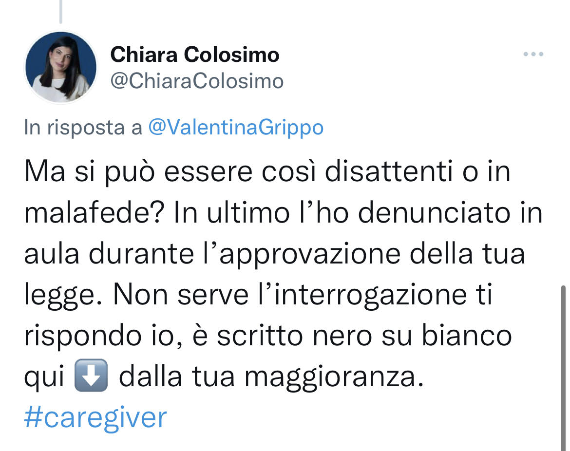 Disabili – Caregiver, Colosimo: “Da Grippo disattenzione o malafede”
