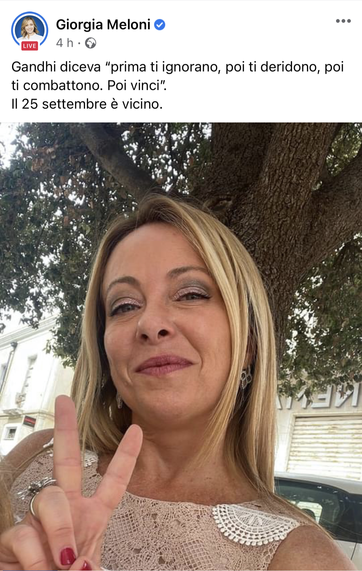 Elezioni – Meloni cita Gandhi, prima ti ignorano e ti deridono, poi vinci