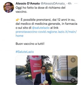 Lazio – Covid, D’Amato: “Ho fatto quarta dose, bisogna mettersi in sicurezza per l’inverno”