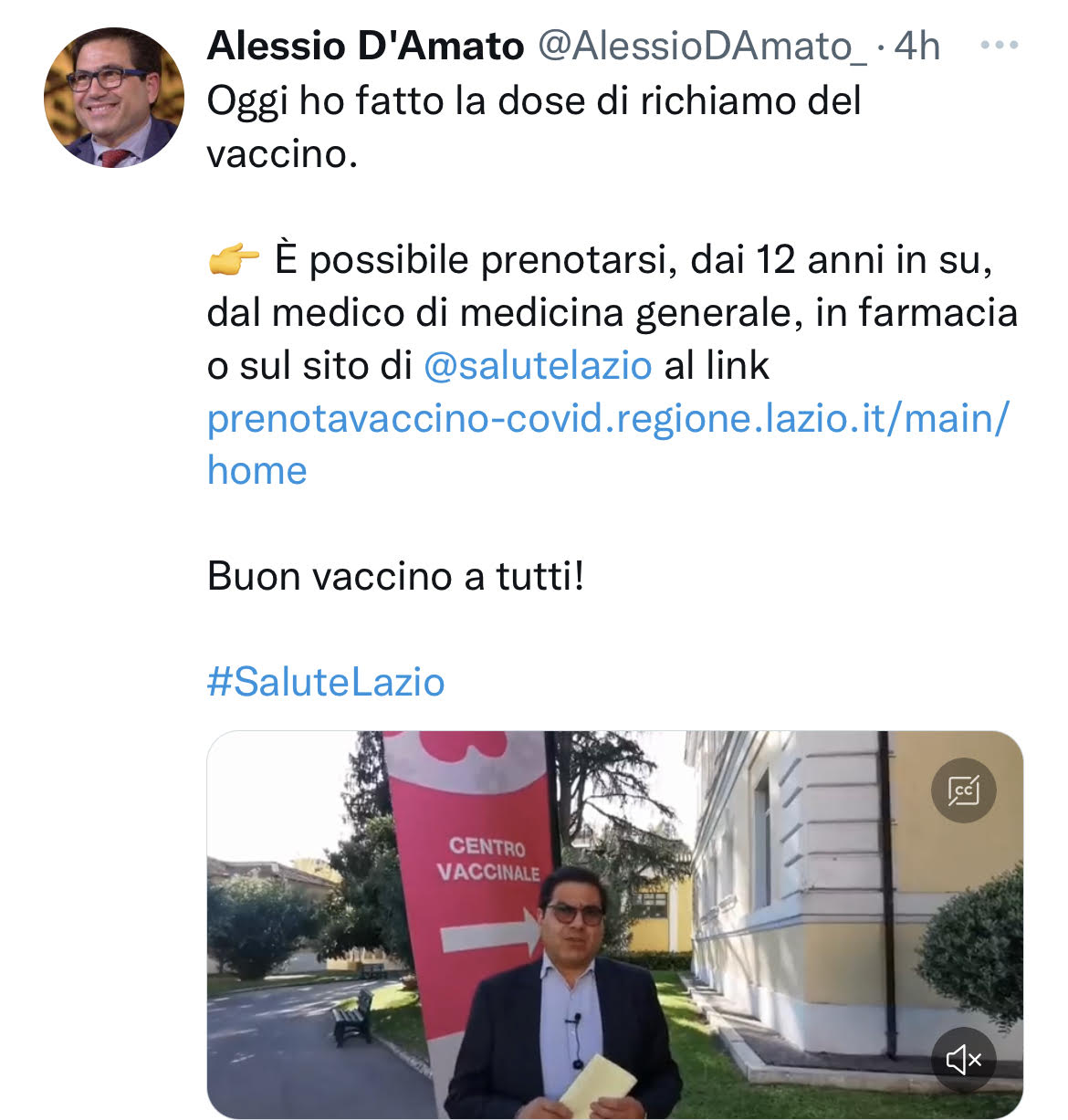 Lazio – Covid, D’Amato: “Ho fatto quarta dose, bisogna mettersi in sicurezza per l’inverno”