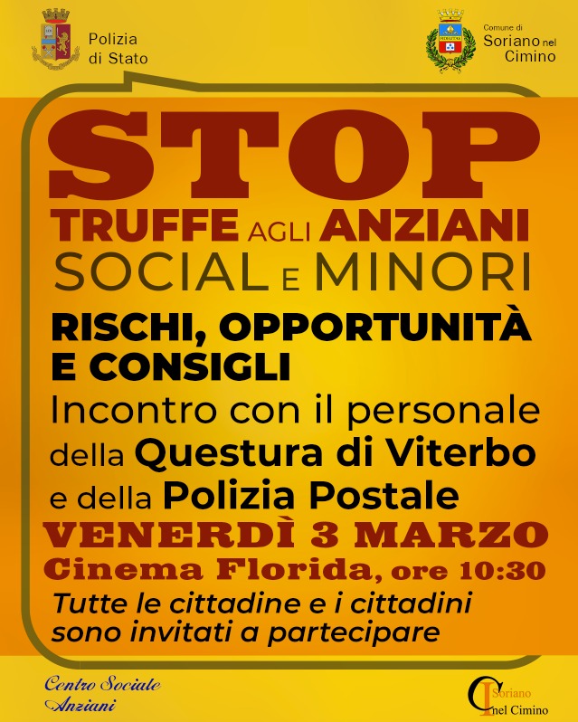 Soriano nel Cimino – “Riconoscere le truffe e imparare a difendersi”, incontro con polizia postale e questura