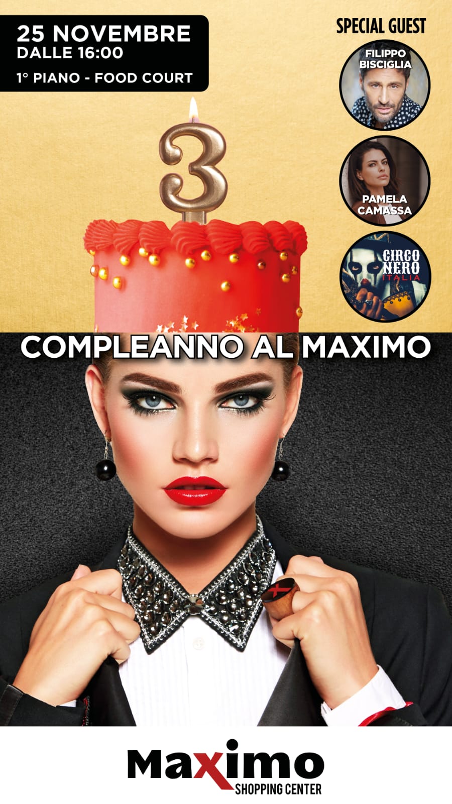 Artisti circensi ed i vip Filippo Bisciglia e Pamela Camassa per il terzo compleanno del Maximo Shopping Center