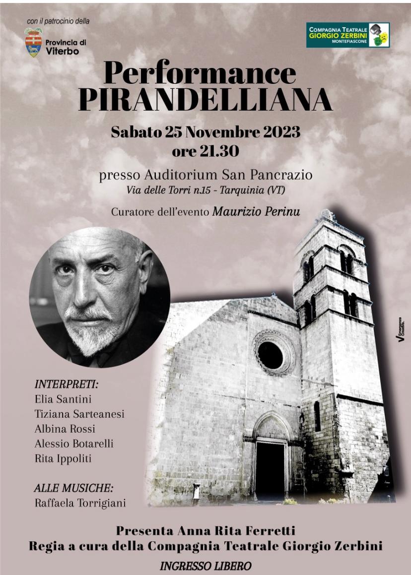 Tarquinia – Sabato lo spettacolo teatrale “Performance Pirandelliana”