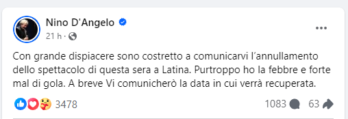 Latina, Nino D’Angelo influenzato: salta la seconda data