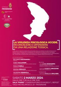 Frosinone – “La violenza psicologica uccide”, sabato il convegno presso l’Auditorium del Conservatorio