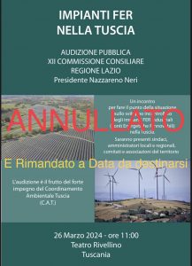 Impianti eolici nell’Alta Tuscia: la Regione annulla l’audizione pubblica a Tuscania