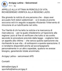 Latina – Sanità, rifiuta rimozione corpo estraneo da intestino, appello di Arcigay a paziente