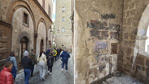 Viterbo, l’altro lato di San Pellegrino in Fiore: turisti tra degrado, erba alta e serrande abbassate