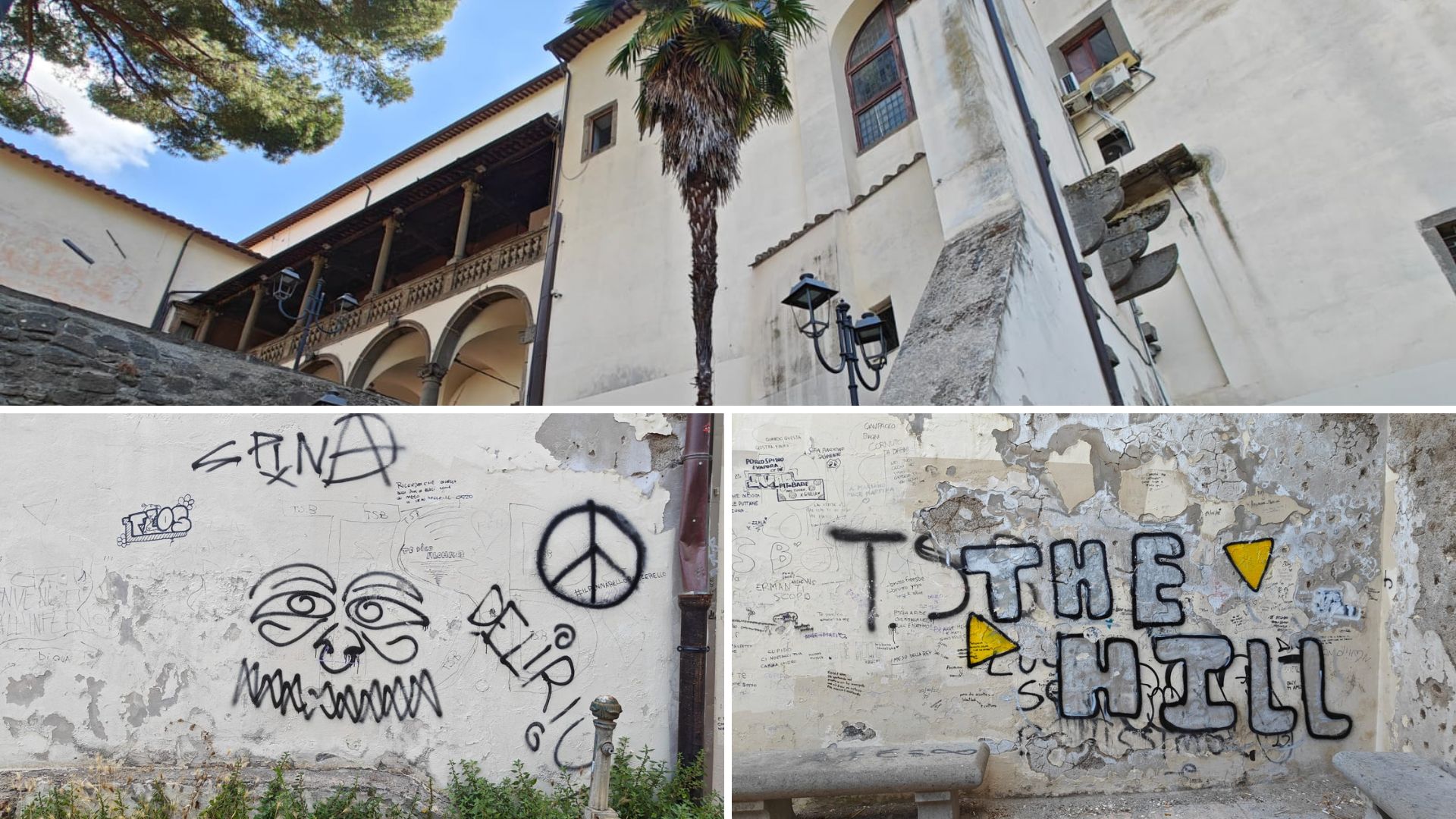 Viterbo – Degrado, scarabocchi, erbacce e rifiuti nel cortile di Palazzo dei Priori (FOTO)