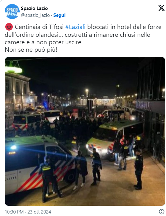 Enschede (Olanda) – Tifosi laziali rinchiusi dentro l’hotel senza motivo. I diritti?