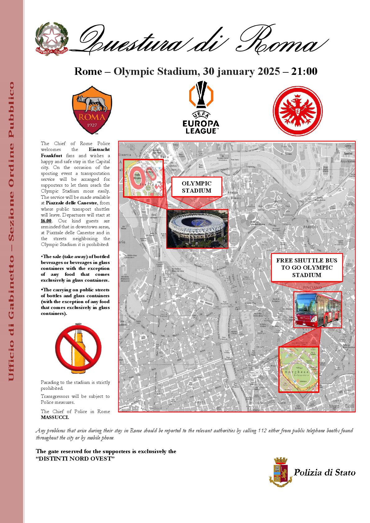 Roma-Eintracht Francoforte, Questura vara misure di sicurezza