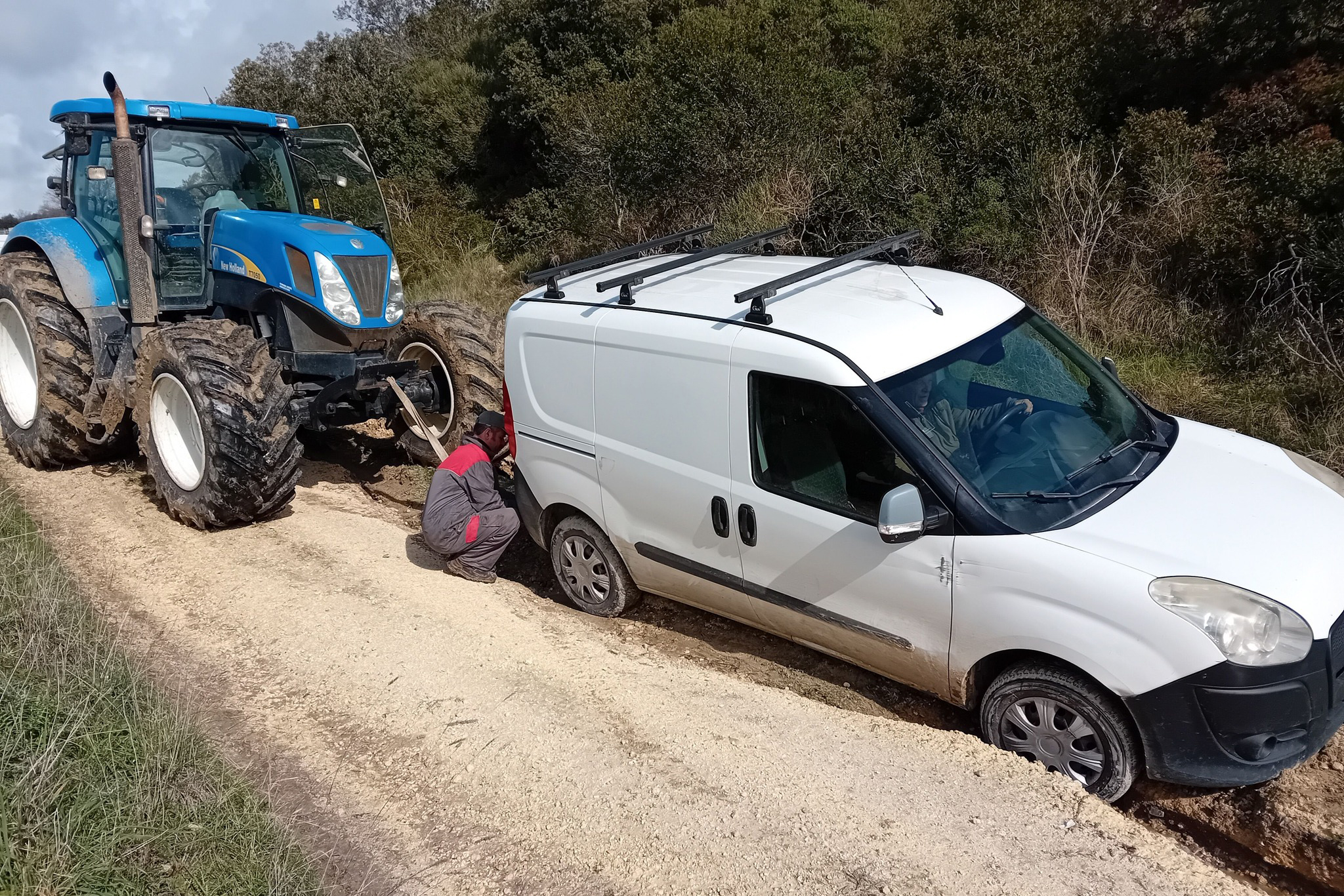 Tarquinia – Furgoncino del Canile bloccato in una voragine, liberato da un trattore dell’Università agraria (FOTO)