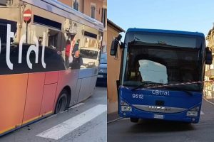 Monterotondo – Si apre una voragine, bus Cotral pieno di studenti si impenna su un lato