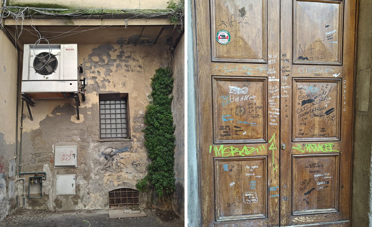 Viterbo – Escrementi, murales, erba incolta e vandalismo nella piazza del centro storico (FOTO)