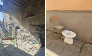 Viterbo – San Faustino ancora tra palazzi pericolanti, rifiuti e l’ennesimo gabinetto in “Bellavista” (FOTO)