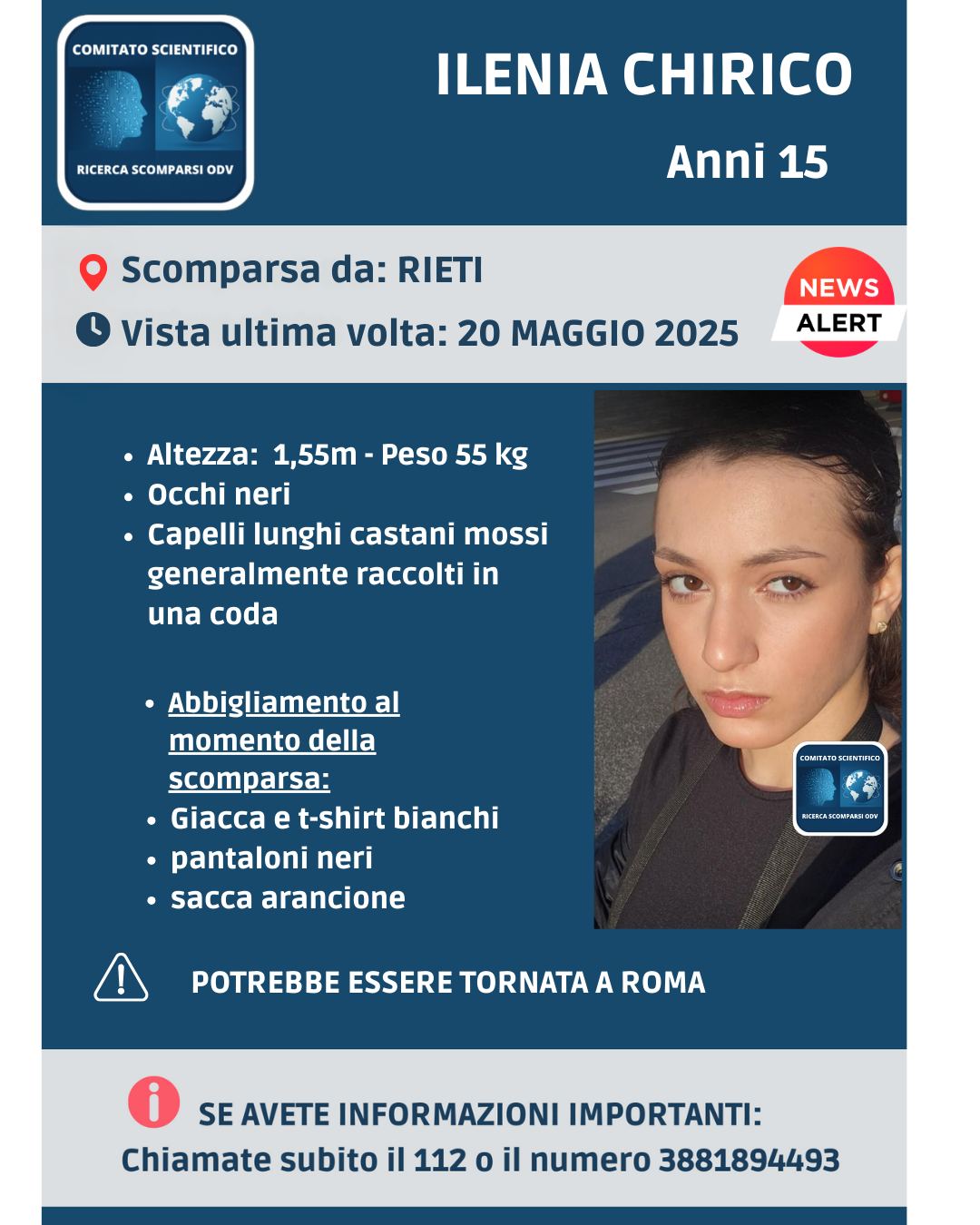 Rieti – Cresce l’allarme per Ilenia Chirico, di 15 anni, scomparsa per la seconda volta in pochi giorni
