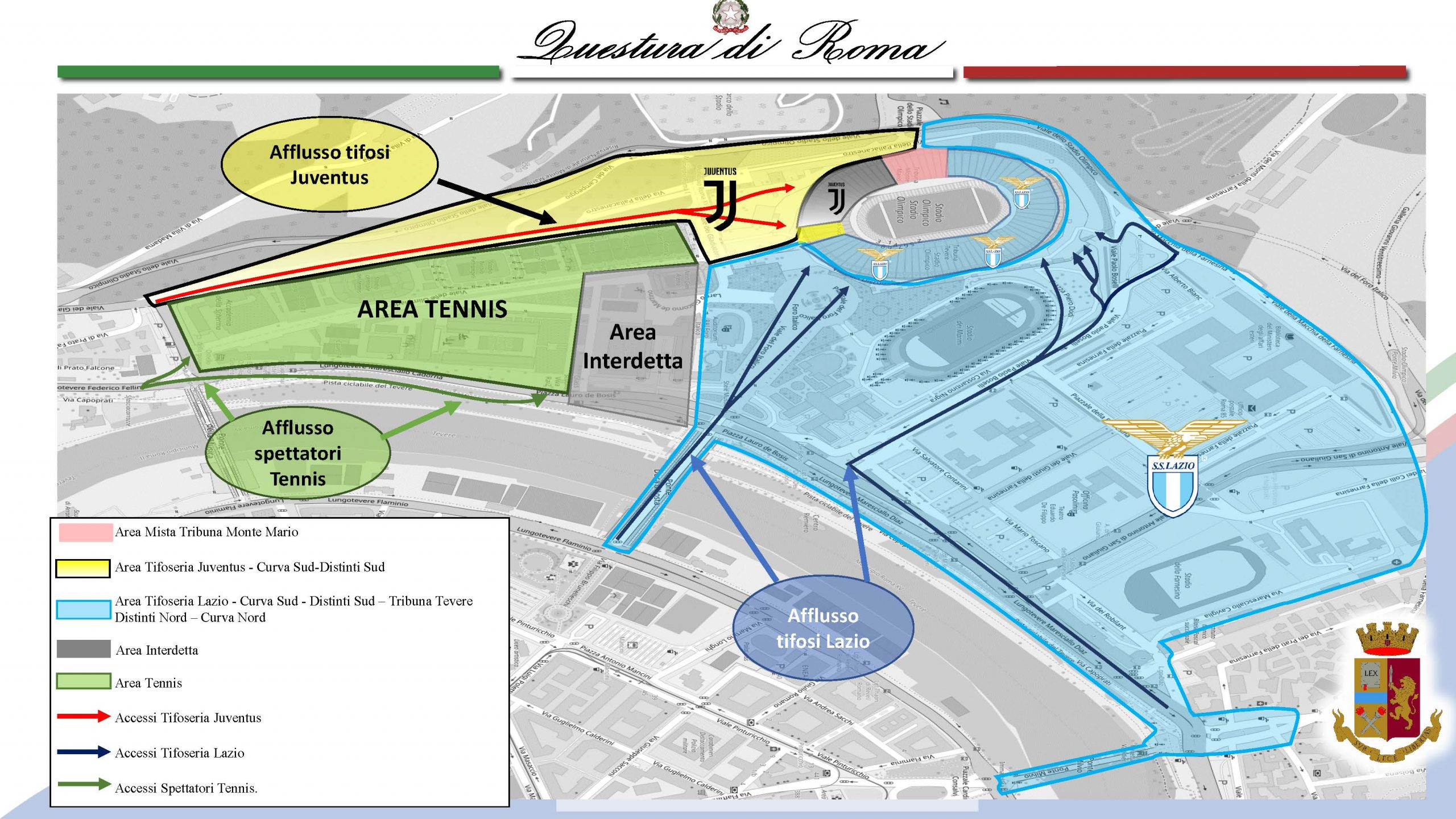 Lazio-Juventus, percorsi di afflusso dedicati per tifosi locali e ospiti. La “convivenza” con gli Internazionali di tennis