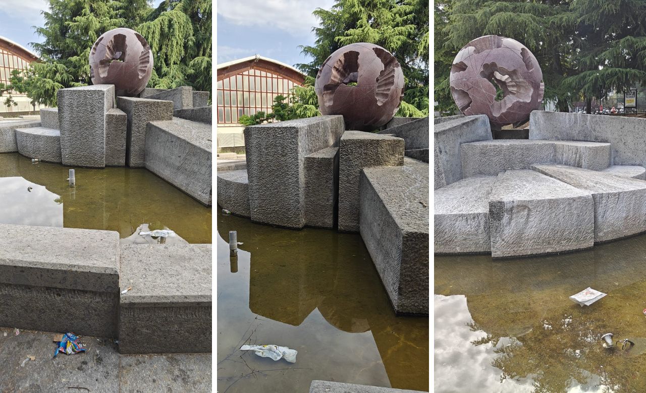 Viterbo – Murialdo, Fontana a sfera subito spenta dopo l’inaugurazione: tornano degrado e sporcizia (FOTO)
