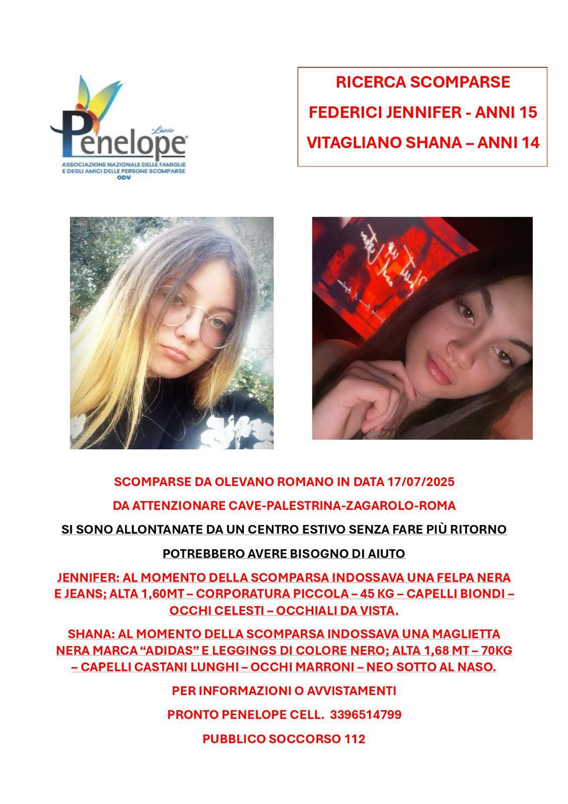 Ritrovate Jennifer e Shana, le due quattordicenni di Olevano scomparse da un centro estivo