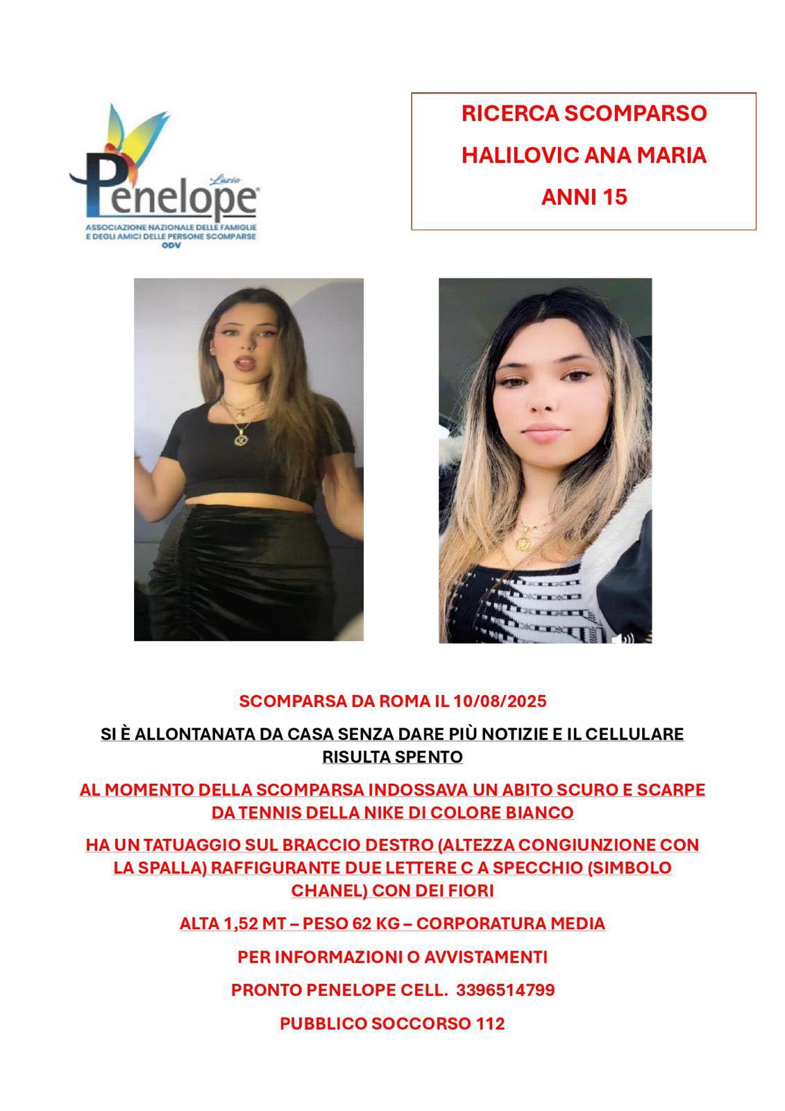 Scatta l’allarme per Ana Maria Halilovic, quindicenne scomparsa da Roma