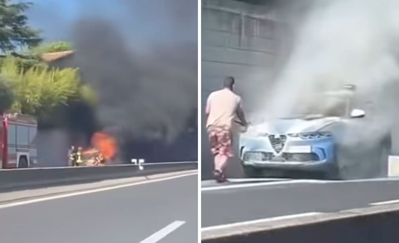 Vitorchiano – Auto della Polizia in fiamme sulla superstrada tra lo stupore dei passanti, code e incidenti (VIDEO)