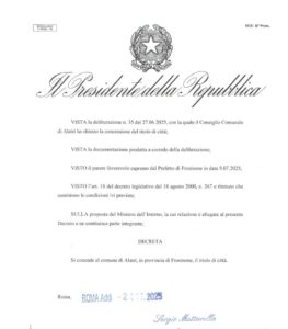 Conferito ad Alatri il titolo di “Città”, il Presidente Mattarella ha firmato il decreto