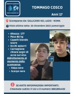 Ore di apprensione, a Gallicano nel Lazio, per la scomparsa del diciassettenne Tommaso Cosco