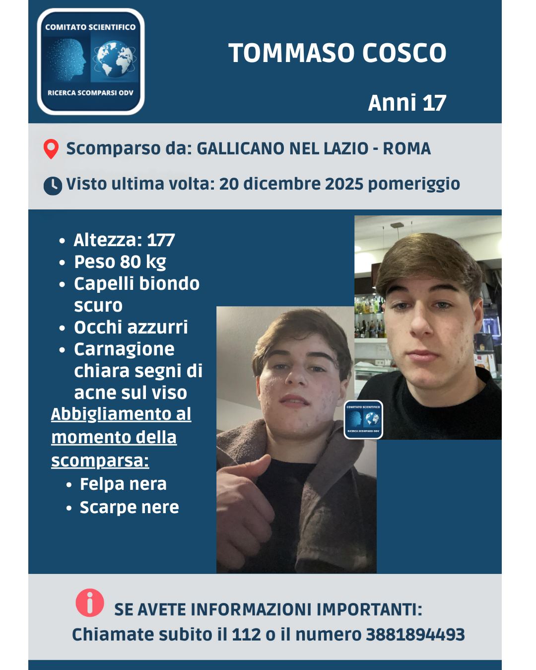 Ore di apprensione, a Gallicano nel Lazio, per la scomparsa del diciassettenne Tommaso Cosco