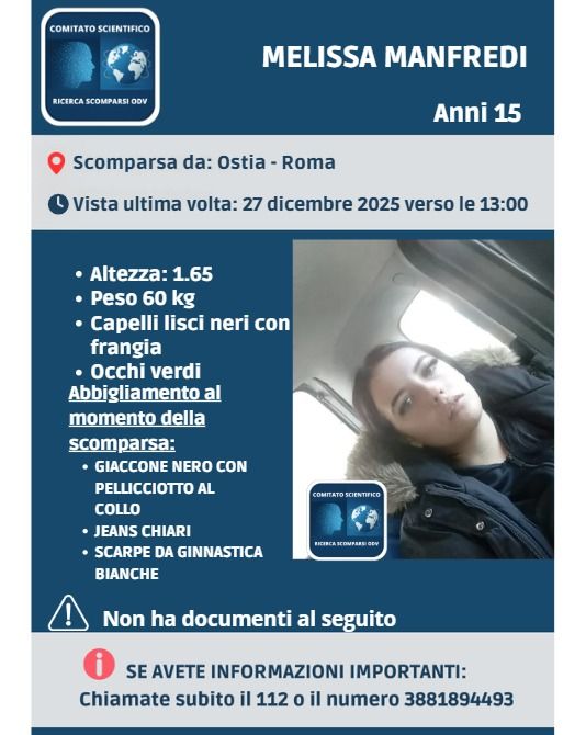 La quindicenne Melissa Manfredi scompare da Ostia: ore di angoscia per i genitori