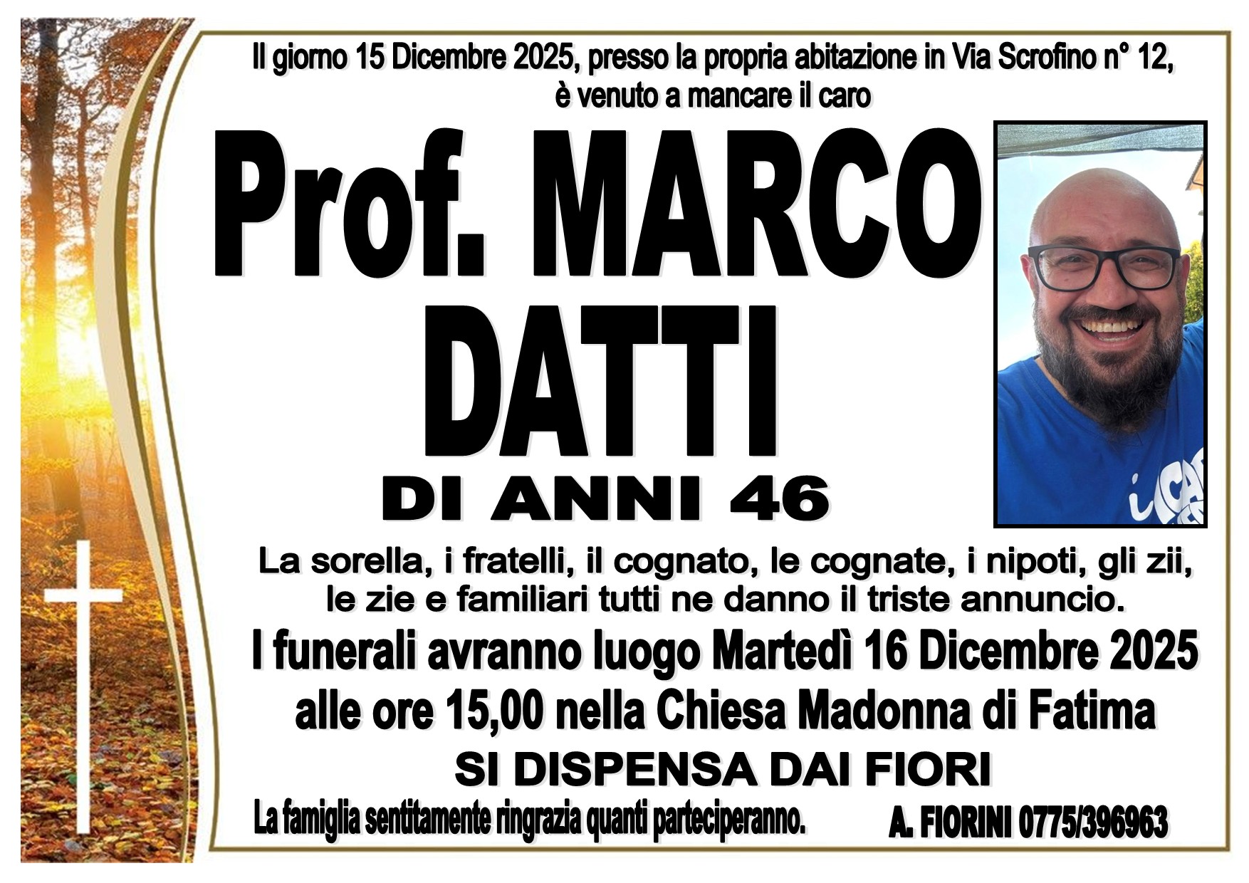 Ferentino – È morto per un malore improvviso Marco Datti, insegnante di 46 anni