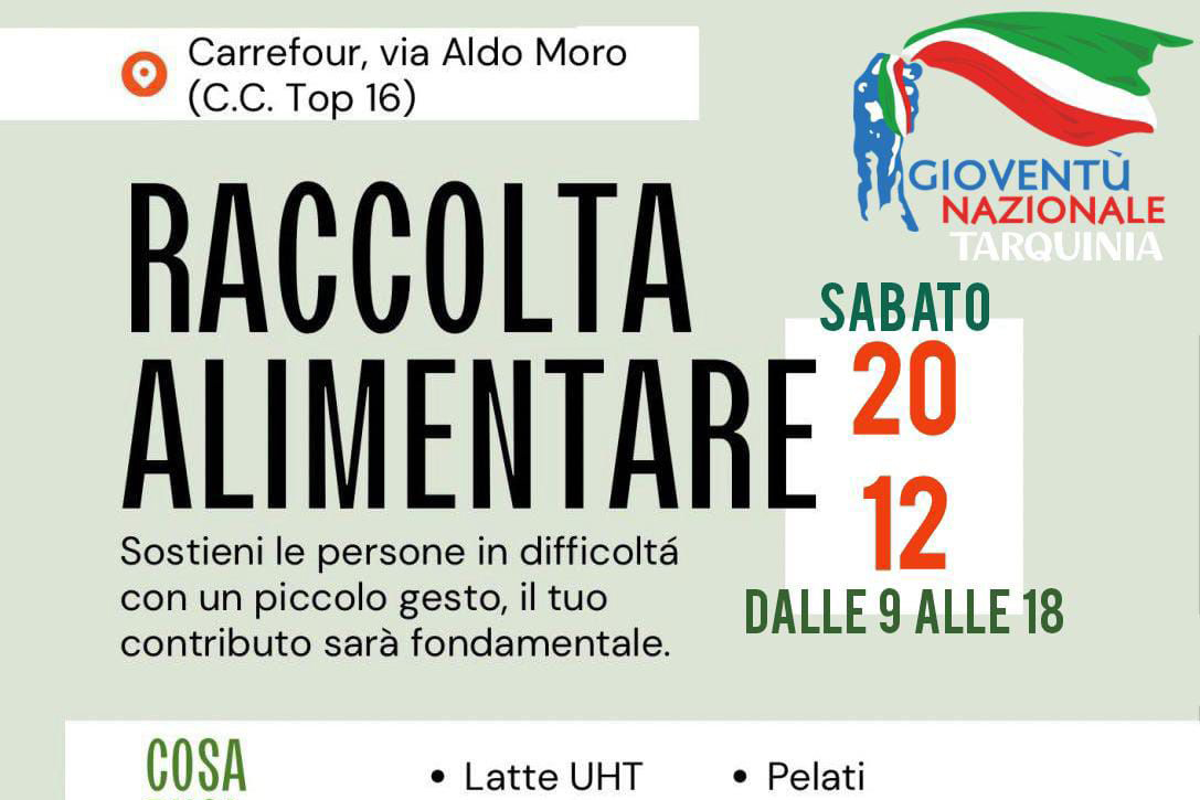 Gioventù Nazionale Tarquinia lancia una raccolta alimentare per le famiglie in difficoltà