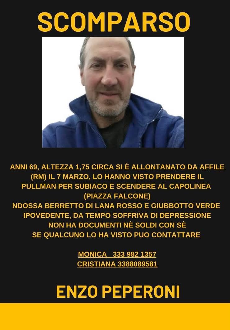 Enzo Peperoni, ipovedente e depresso scompare da Affile: si cerca nell’Aniene anche con i droni