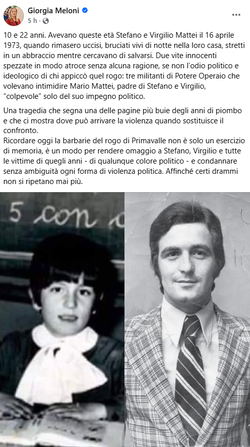 Rogo Primavalle: Meloni, una delle pagine più buie degli anni di piombo