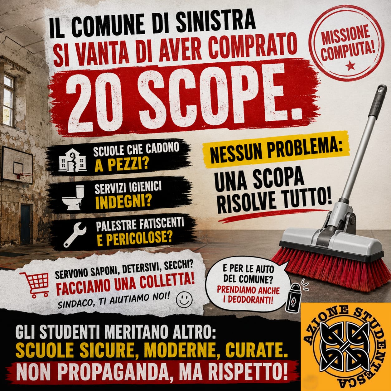 Civitavecchia – Azione Studentesca: “Il Comune si vanta di aver acquistato 20 scope per le palestre scolastiche”