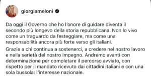 Governo: Meloni, secondo più longevo storia, avanti per completare percorso