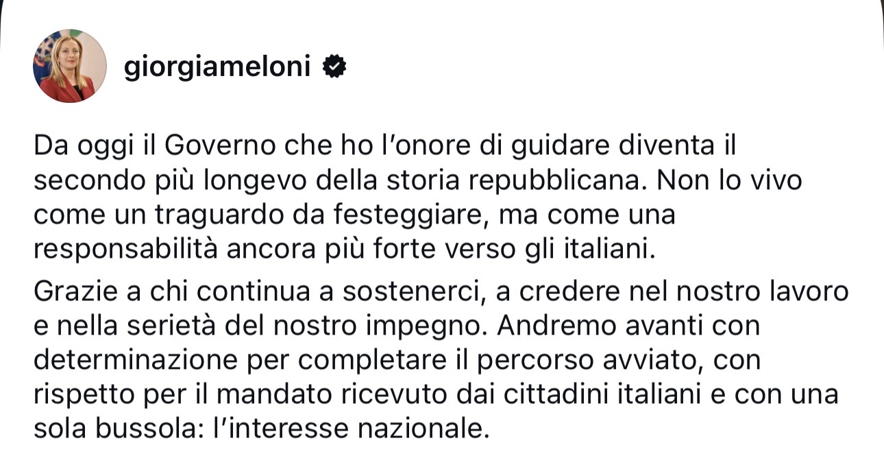 Governo: Meloni, secondo più longevo storia, avanti per completare percorso