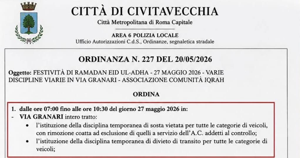 Civitavecchia – Tutta via Granari si ferma per la celebrazione islamica dell’Eid ul-Adha (e il Comune la confonde con il ramadam)