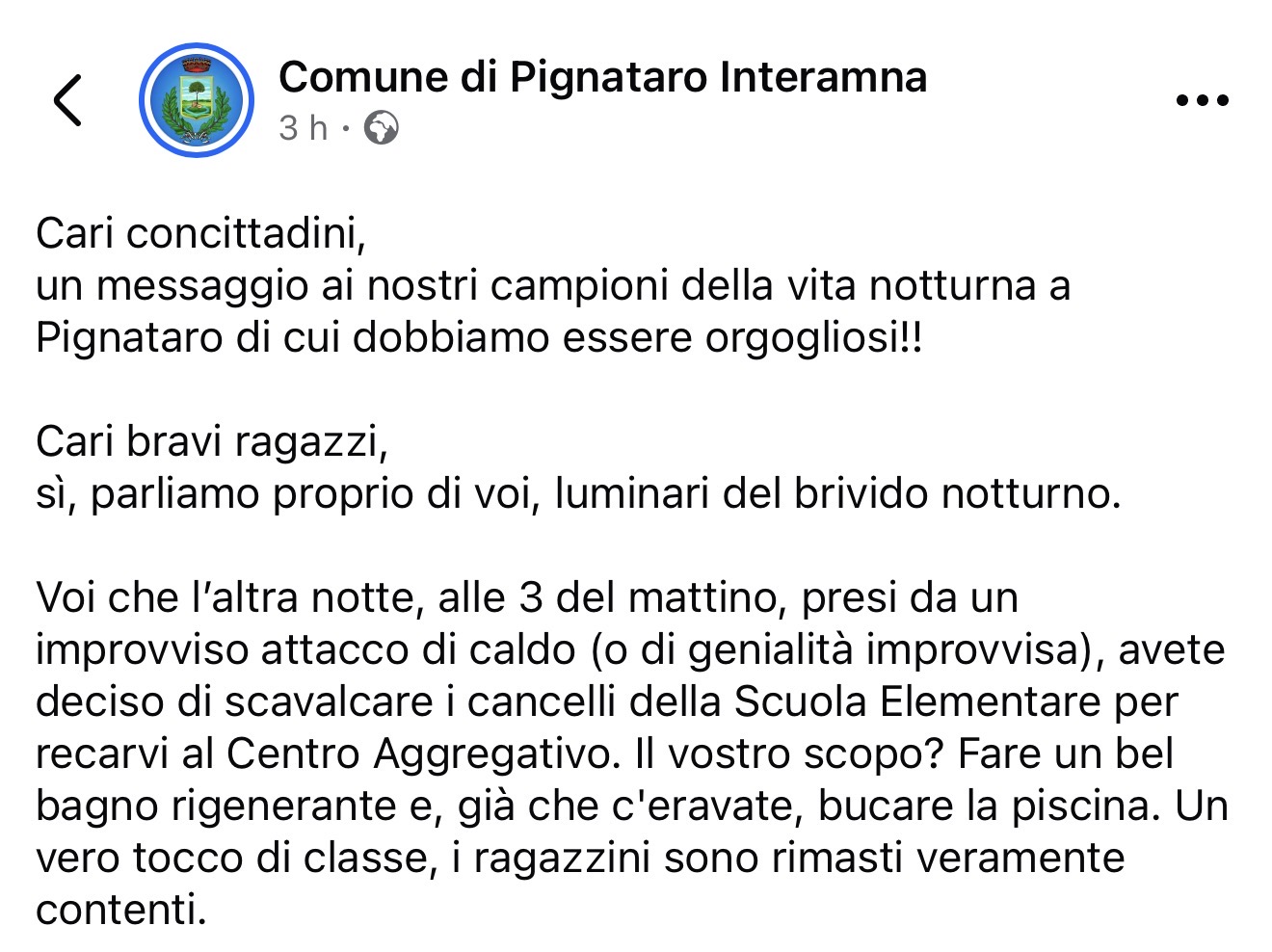 Pignataro Interamna – Sindaco in post a vandali,”La prossima volta chiamata a carabinieri “