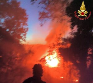 Cerveteri – Incendio di sterpaglie nella notte, Vigili del fuoco al lavoro per cinque ore