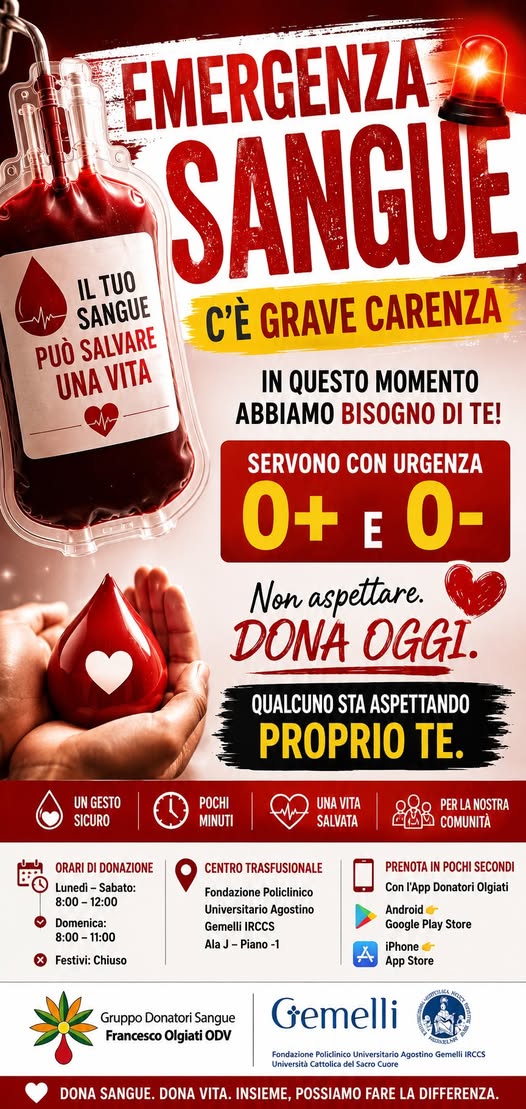 Roma – Emergenza sangue al Gemelli, appello ai donatori