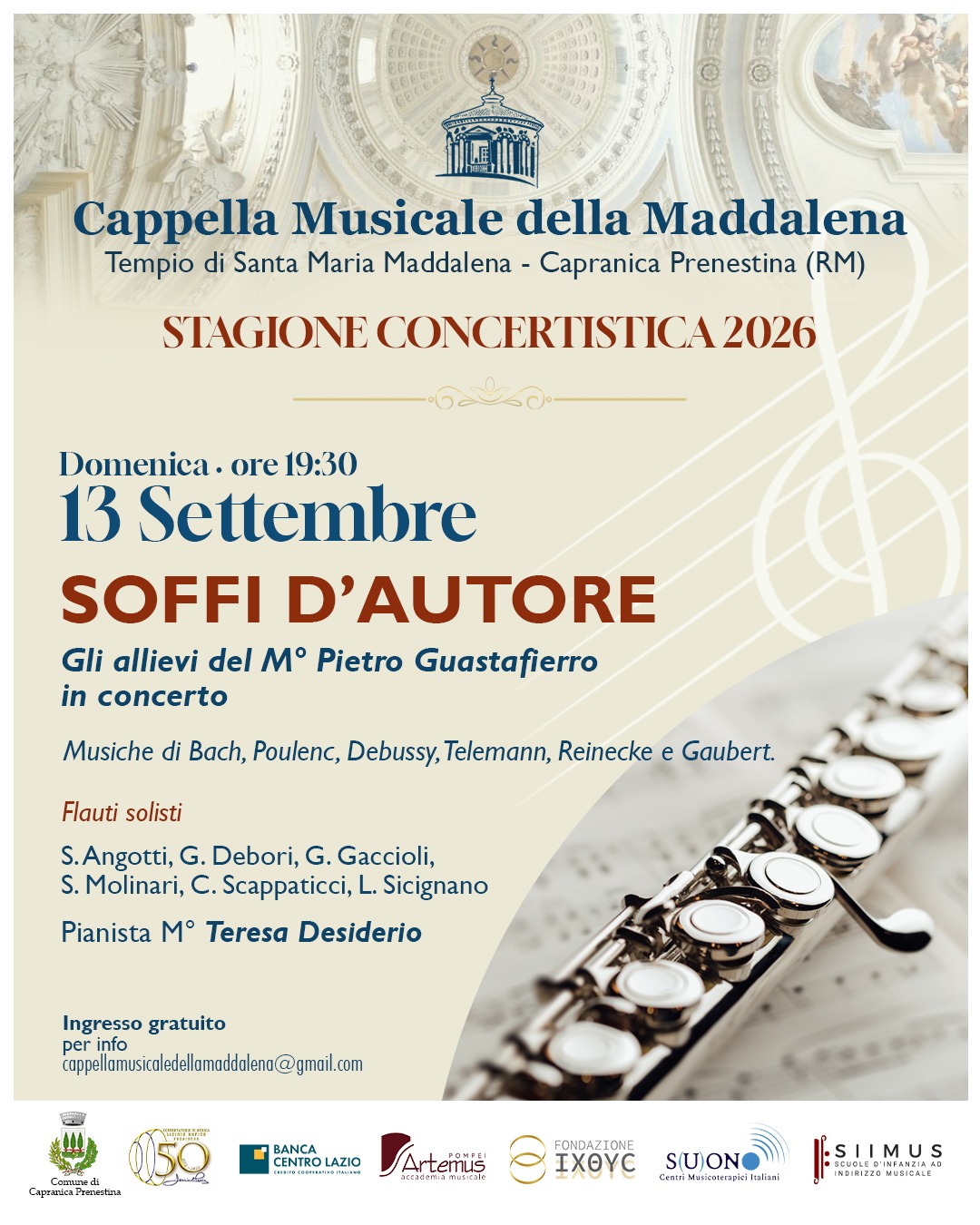 Capranica Prenestina – Sei flauti al Tempio della Maddalena: domenica 13 settembre il concerto “Soffi d’Autore”