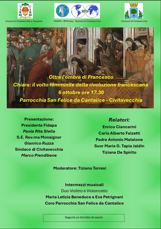 “Oltre l’ombra di Francesco. Chiara: il volto femminile della rivoluzione francescana”, l’evento del 6 ottobre organizzato da FIDAPA BPW Italy di Civitavecchia